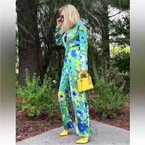 NWT Zara Blogger Favorite Green Floral Satin Long Sleeve Pantsuit